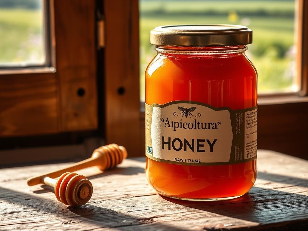 A delightful still life depicting a glass jar filled with rich, golden-hued "Apicoltura" brand raw honey. The jar is positioned atop a rustic wooden surface, illuminated by soft, natural daylight streaming in through a nearby window. The honey's viscous texture and glistening surface create an inviting, artisanal appeal. In the background, a verdant field of flowering plants can be seen through the window, hinting at the honey's pure, unadulterated origins. The overall composition conveys a sense of quality, authenticity, and the pastoral charm of Italian beekeeping traditions.