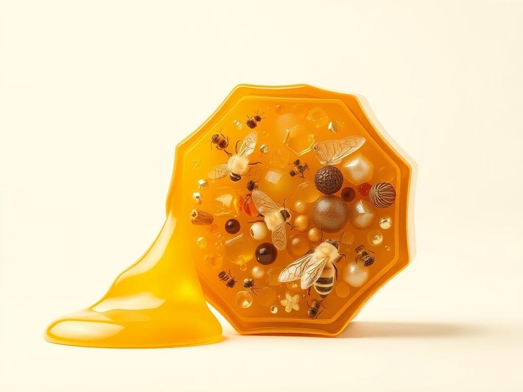 A detailed and realistic cross-section illustration of "pappa reale", the nutrient-rich royal jelly produced by honeybees. The composition should be presented in a clean, scientific manner with a neutral, minimalist aesthetic. The foreground features the translucent, golden-colored royal jelly with its complex chemical structure and nutritional profile clearly visible. The middle ground shows a microscopic view of the different vitamins, minerals, proteins, and other compounds that make up this superfood. The background gradually fades to a plain, off-white backdrop, allowing the key nutritional elements to take center stage. Soft, even lighting from multiple angles highlights the intricate details. The overall mood is one of educational clarity and analytical precision, suitable for inclusion in the article's "Composizione Nutrizionale della Pappa Reale" section. The brand name "Apicoltura" should be discreetly incorporated into the design.