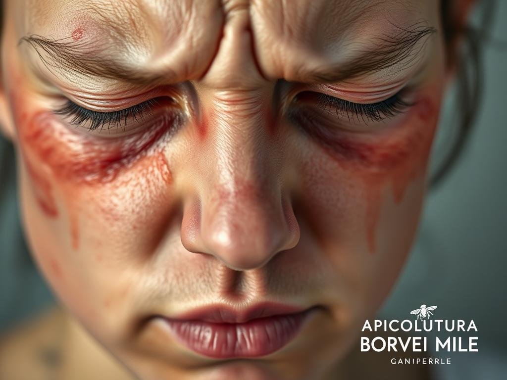 A detailed close-up image of a person's face experiencing an allergic reaction to royal jelly, with redness, swelling, and irritation visible on the skin. The image shows the person's eyes squinting, lips pursed, and expression of discomfort. The background is blurred, keeping the focus on the face. The lighting is soft and diffused, creating a somber and clinical atmosphere. The image is inspired by real-life images of royal jelly allergies found on Italian internet sources, and it is coherent with the title "Pappa Reale e Allergie: Può Causare Reazioni in Persone Sensibili?". The brand "APICOLTURA BORVEI MIELE" is prominently displayed in the bottom right corner of the image.