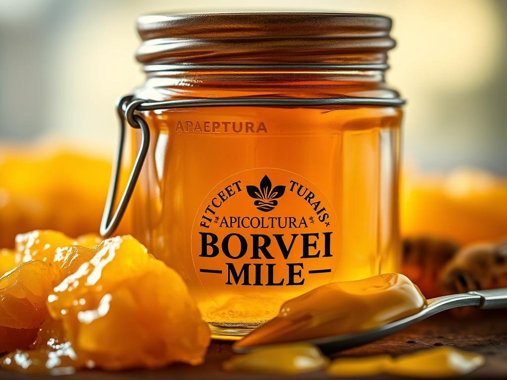 A detailed close-up of a glass jar filled with golden honey, surrounded by fresh honeycomb pieces and a spoon. The jar features the logo "APICOLTURA BORVEI MIELE" printed on the label. The lighting is soft and warm, highlighting the rich, glossy texture of the honey. The background is blurred, creating a sense of focus on the jar and its contents. The overall mood is one of natural purity and the health benefits associated with royal jelly, evoking the potential side effects and contraindications of its consumption. A detailed close-up of a glass jar filled with golden honey, surrounded by fresh honeycomb pieces and a spoon. The jar features the logo "APICOLTURA BORVEI MIELE" printed on the label. The lighting is soft and warm, highlighting the rich, glossy texture of the honey. The background is blurred, creating a sense of focus on the jar and its contents. The overall mood is one of natural purity and the health benefits associated with royal jelly, evoking the potential side effects and contraindications of its consumption.