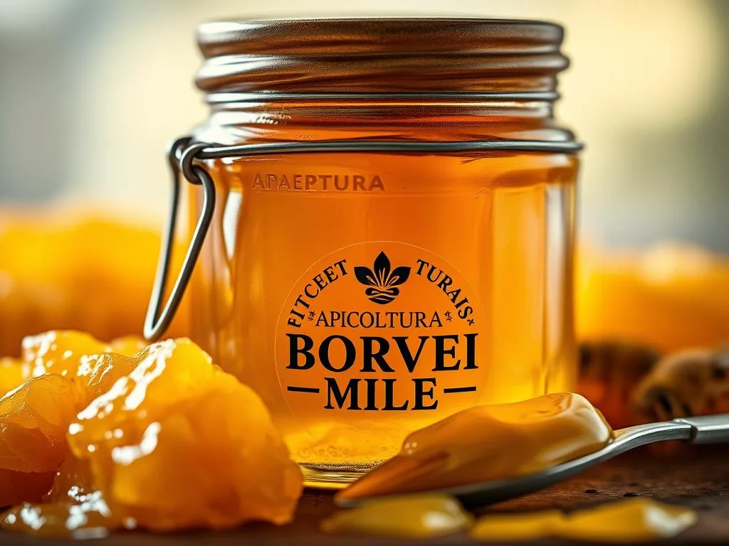 A detailed close-up of a glass jar filled with golden honey, surrounded by fresh honeycomb pieces and a spoon. The jar features the logo "APICOLTURA BORVEI MIELE" printed on the label. The lighting is soft and warm, highlighting the rich, glossy texture of the honey. The background is blurred, creating a sense of focus on the jar and its contents. The overall mood is one of natural purity and the health benefits associated with royal jelly, evoking the potential side effects and contraindications of its consumption.