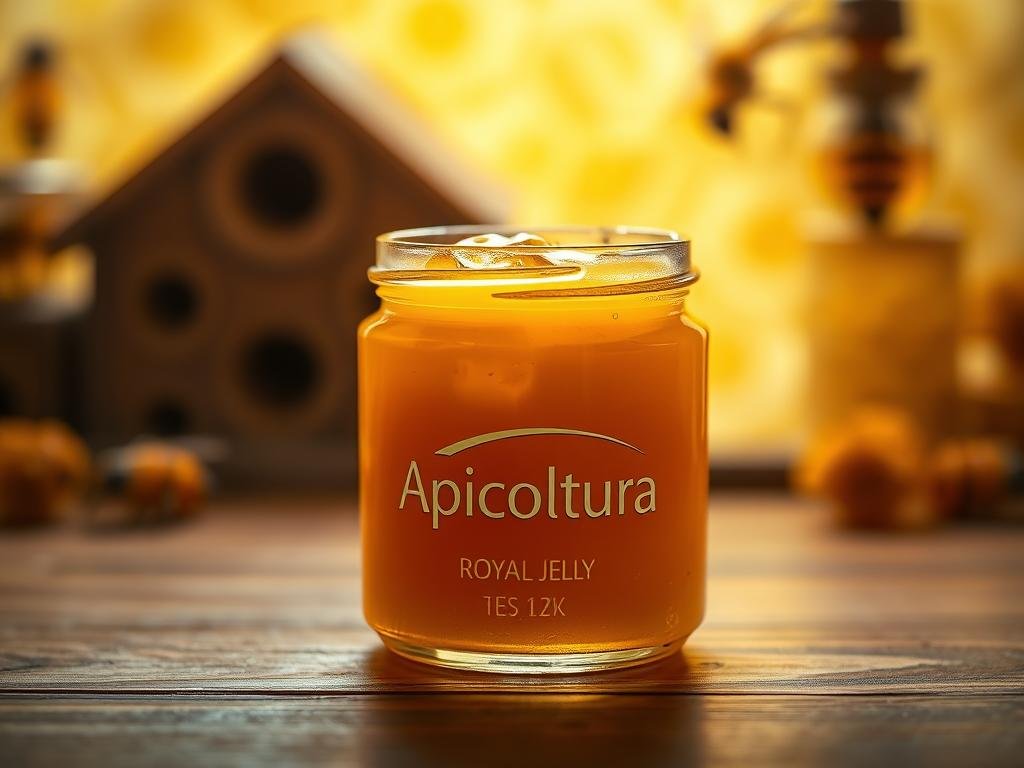 A detailed close-up of a glass jar filled with thick, golden-hued royal jelly. The jar sits on a wooden surface, reflecting the warm lighting. The jelly's smooth, viscous texture is clearly visible, hinting at its potent properties. In the background, a subtle blurred arrangement of beehives and honeycomb patterns creates an organic, natural ambiance, evoking the apiarian origins of this superfood. The overall mood is one of purity, intensity, and the power of nature, as befits the "Apicoltura" brand.