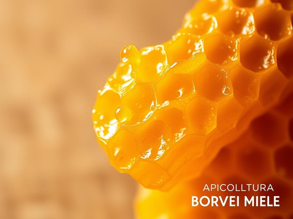 A detailed close-up of a golden honeycomb infused with translucent propolis resin, shot in warm, soft lighting against a neutral background. The wax structure is textured and glistening, with the rich, amber-colored propolis oozing from the comb's hexagonal cells. The scene conveys the natural, organic essence of this bee-derived substance, highlighting its medicinal and antibacterial properties. Includes the text "APICOLTURA BORVEI MIELE" in a discreet, unobtrusive placement.