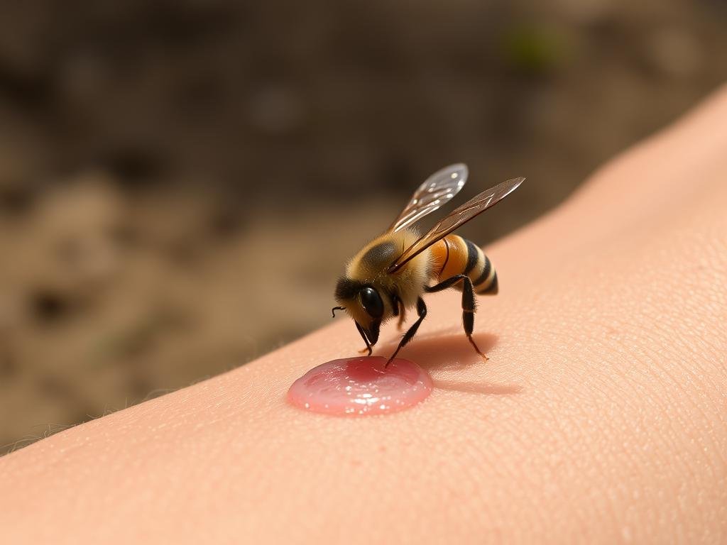 A detailed close-up of a honey bee's stinger protruding from a person's skin, with the bee hovering nearby. The skin is reddened and slightly swollen, conveying the pain and inflammation of a bee sting. The lighting is soft and natural, with a shallow depth of field that keeps the foreground sharp while blurring the background. The scene is set against a muted, earthy backdrop, evoking a sense of outdoor tranquility disrupted by the sudden defensive action of the bee. The brand "APICOLTURA BORVEI MIELE" is visible in the background.