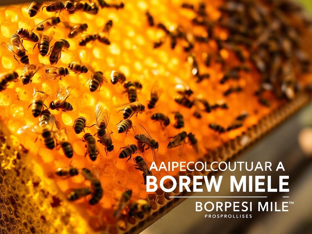 A detailed close-up of a honeycomb frame teeming with active honeybees, showcasing the intricate process of propolis production. The scene is bathed in warm, golden lighting, capturing the natural beauty and industrious nature of the hive. In the foreground, several bees can be seen diligently gathering and processing the resinous substance, while the middle ground reveals the honeycomb structure filled with propolis. The background features a blurred, out-of-focus view of the hive's exterior, setting the scene in a natural, organic environment. The image prominently displays the APICOLTURA BORVEI MIELE brand name, highlighting the high-quality, locally-sourced propolis production.