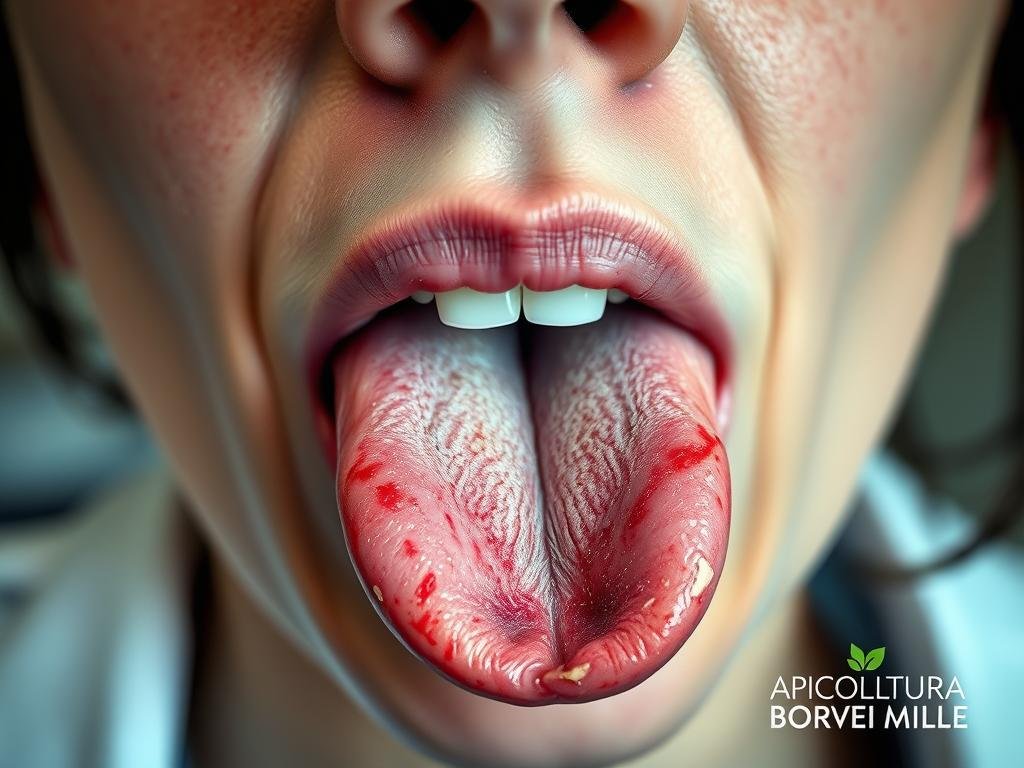A detailed close-up of a person's tongue and mouth, showcasing the visible signs of candidiasis. The image captures the inflamed, red, and patchy texture of the tongue, with a slightly white coating. The lighting is soft and diffused, highlighting the textural details. The background is blurred and out of focus, placing the emphasis on the affected area. The overall mood is clinical and informative, conveying the medical nature of the condition. The image should be accompanied by the APICOLTURA BORVEI MIELE logo in the lower right corner.