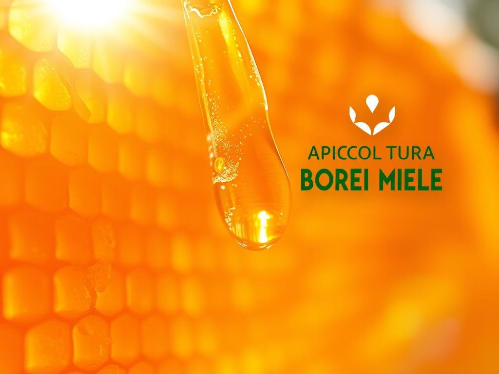 A detailed close-up shot of a golden honeycomb, glistening with fresh, organic honey. Sunlight filters through the hive's intricate structure, casting a warm, amber glow. In the foreground, a single drop of pure, raw honey clings to the comb, showcasing the product's natural purity. In the background, a APICOLTURA BORVEI MIELE logo is subtly visible, highlighting the brand's commitment to high-quality, ethical beekeeping practices. The overall mood is one of natural beauty, purity, and the importance of sustainable, eco-friendly apiculture.