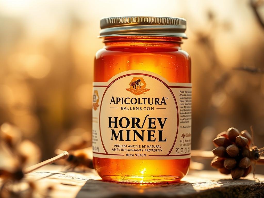 A detailed, close-up shot of a jar of "APICOLTURA BORVEI MIELE" honey, set against a warm, natural background that evokes the Italian countryside. The jar is illuminated by soft, natural lighting, casting a golden glow on the viscous, amber-colored honey within. The label prominently displays the brand name, while the overall composition conveys the purity and medicinal properties of the natural, anti-inflammatory properties of bee venom. The image should inspire a sense of wellness and authenticity, reflecting the scientific studies discussed in the article section.