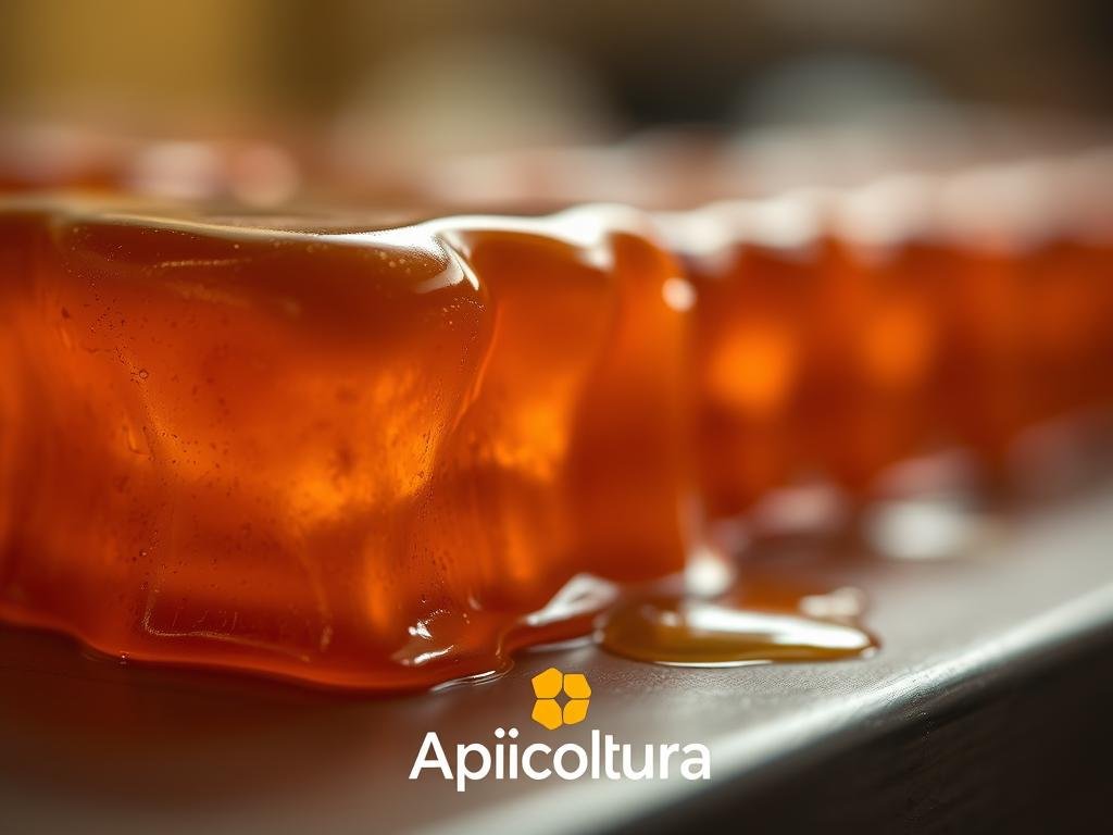 A detailed close-up shot of "pappa reale", the royal jelly secreted by honeybees, with a somber, almost cautionary tone. A rich, amber-hued jelly glistens under soft, warm lighting, filling the frame. The background is blurred, hinting at a clinical setting or laboratory environment, conveying the sense of potential health implications. The overall mood is one of nuance and consideration, reflecting the "Controindicazioni ed Effetti Collaterali" section of the article. The Apicoltura brand name is subtly incorporated into the scene.