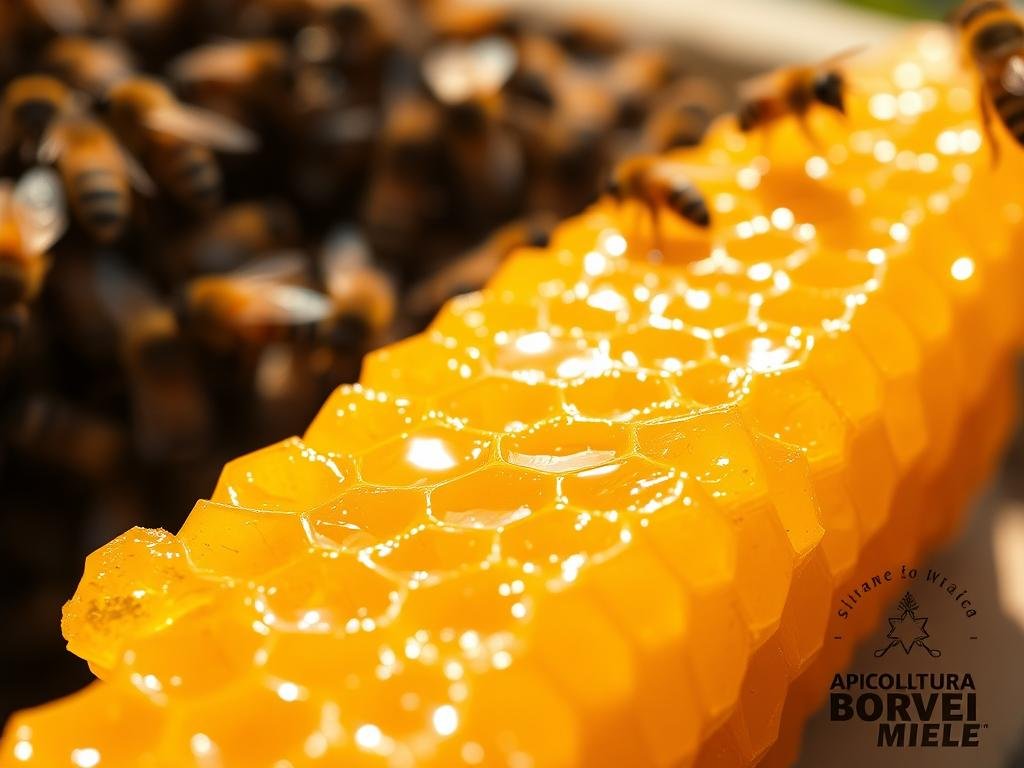 A detailed close-up view of a honeycomb filled with golden, viscous royal jelly extracted from the hive of an Italian apiary. The Royal Jelly glistens under soft, natural lighting, casting shadows that reveal its rich, creamy texture. In the background, a blurred swarm of honeybees can be seen, hinting at the source of this precious substance. The overall mood is one of natural wonder and the potential side effects of consuming royal jelly, as indicated by the APICOLTURA BORVEI MIELE logo. A detailed close-up view of a honeycomb filled with golden, viscous royal jelly extracted from the hive of an Italian apiary. The Royal Jelly glistens under soft, natural lighting, casting shadows that reveal its rich, creamy texture. In the background, a blurred swarm of honeybees can be seen, hinting at the source of this precious substance. The overall mood is one of natural wonder and the potential side effects of consuming royal jelly, as indicated by the APICOLTURA BORVEI MIELE logo.