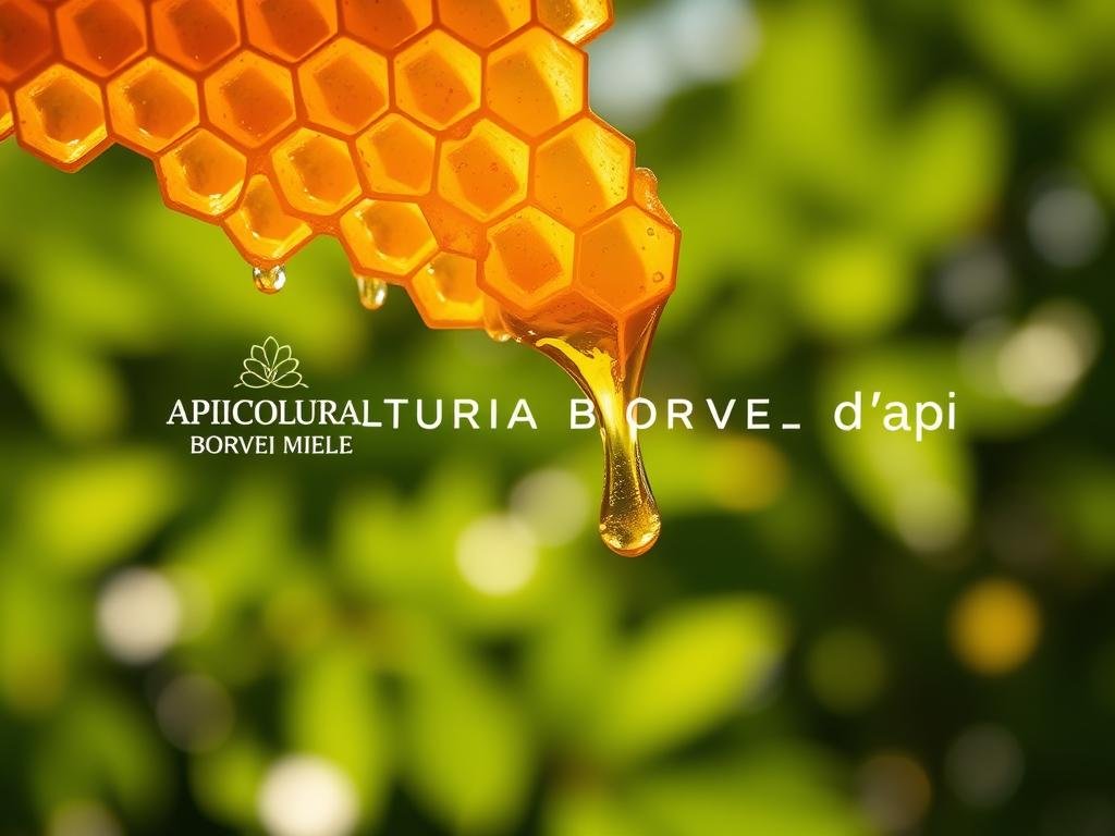 A detailed close-up view of a honeycomb structure, showcasing the intricate hexagonal patterns and glistening golden honey. The foreground features the APICOLTURA BORVEI MIELE brand logo, prominently displayed. The middle ground depicts beads of honey dripping from the comb, the viscous liquid reflecting the warm, ambient lighting. In the background, a blurred backdrop of lush, verdant foliage creates a natural, serene atmosphere. The overall composition conveys the essence of the "Composizione del veleno d'api" - the complex and captivating nature of bee venom, as a subject of scientific and medical interest. A detailed close-up view of a honeycomb structure, showcasing the intricate hexagonal patterns and glistening golden honey. The foreground features the APICOLTURA BORVEI MIELE brand logo, prominently displayed. The middle ground depicts beads of honey dripping from the comb, the viscous liquid reflecting the warm, ambient lighting. In the background, a blurred backdrop of lush, verdant foliage creates a natural, serene atmosphere. The overall composition conveys the essence of the "Composizione del veleno d'api" - the complex and captivating nature of bee venom, as a subject of scientific and medical interest.