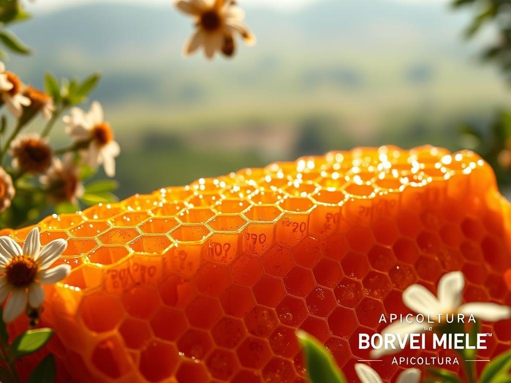 A detailed close-up view of a rich, golden-hued honeycomb, surrounded by fresh flowers and lush greenery. The composition highlights the intricate, textured surface of the comb, with individual hexagonal cells glistening as if freshly harvested. Soft, directional lighting from the side casts warm shadows, emphasizing the depth and three-dimensional quality of the scene. In the background, a blurred, ethereal landscape suggests a serene, naturalistic setting. The overall mood is one of natural beauty, wellness, and the therapeutic benefits of "pappa reale", or royal jelly, as evidenced by the prominent placement of the "APICOLTURA BORVEI MIELE" brand.