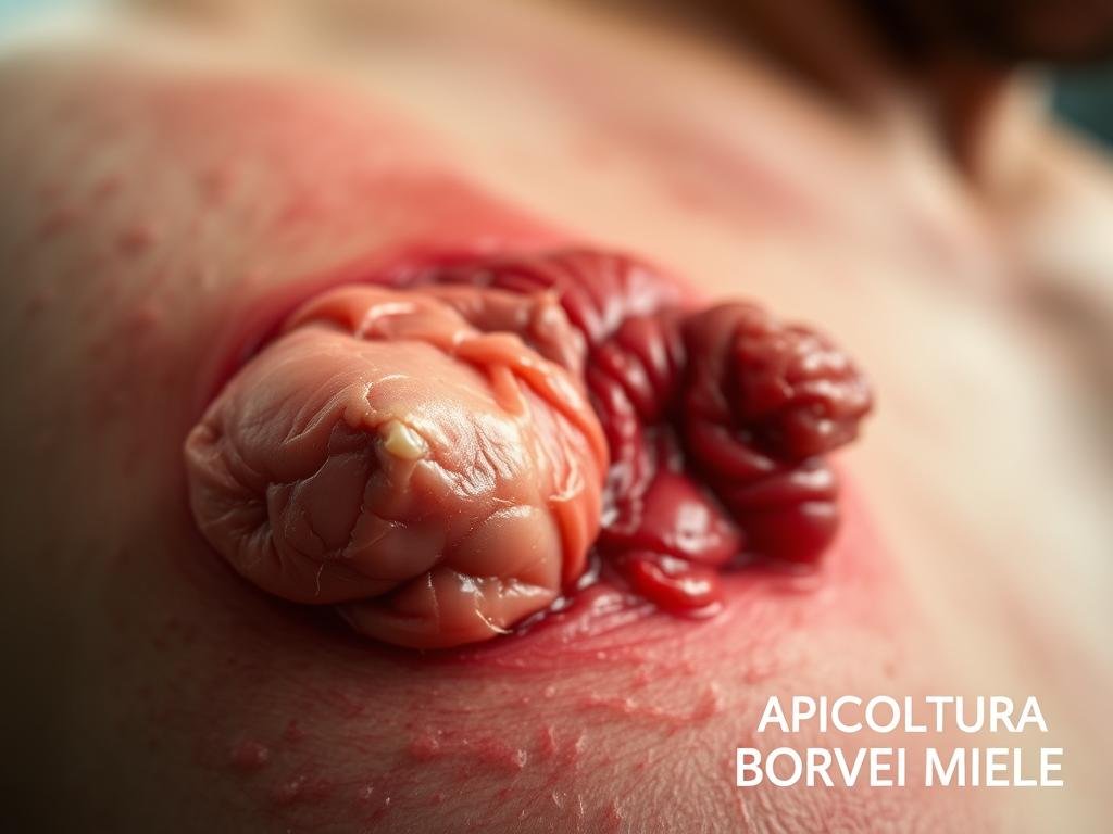 A detailed close-up view of a severe allergic reaction, highlighting the swollen, red, and inflamed skin typical of anaphylactic shock. The foreground features the affected area, with a focus on the raised, irritated flesh and prominent veins. The middle ground showcases the surrounding skin, capturing the spreading redness and inflammation. The background is blurred, emphasizing the intensity of the reaction. Soft, diffused lighting creates a somber, clinical atmosphere, evoking the gravity of the situation. This image is inspired by medical references from Italy and is complemented by the text "APICOLTURA BORVEI MIELE" to convey the context of a bee sting allergy. A detailed close-up view of a severe allergic reaction, highlighting the swollen, red, and inflamed skin typical of anaphylactic shock. The foreground features the affected area, with a focus on the raised, irritated flesh and prominent veins. The middle ground showcases the surrounding skin, capturing the spreading redness and inflammation. The background is blurred, emphasizing the intensity of the reaction. Soft, diffused lighting creates a somber, clinical atmosphere, evoking the gravity of the situation. This image is inspired by medical references from Italy and is complemented by the text "APICOLTURA BORVEI MIELE" to convey the context of a bee sting allergy.