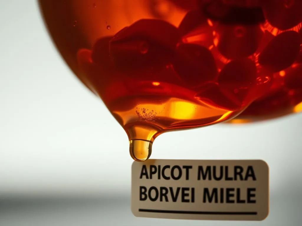 A detailed close-up view of a viscous amber-colored liquid, representing the venom of bees and wasps, suspended in a crystalline glass container. The liquid glistens under soft, warm lighting, casting subtle shadows that accentuate its dense, syrupy texture. In the foreground, the label "APICOLTURA BORVEI MIELE" is prominently displayed, hinting at the origins of this potent substance. The background is hazy and out of focus, allowing the viewer to concentrate on the captivating essence of the venom. The overall mood is one of scientific curiosity and a sense of the power contained within this seemingly innocuous liquid.