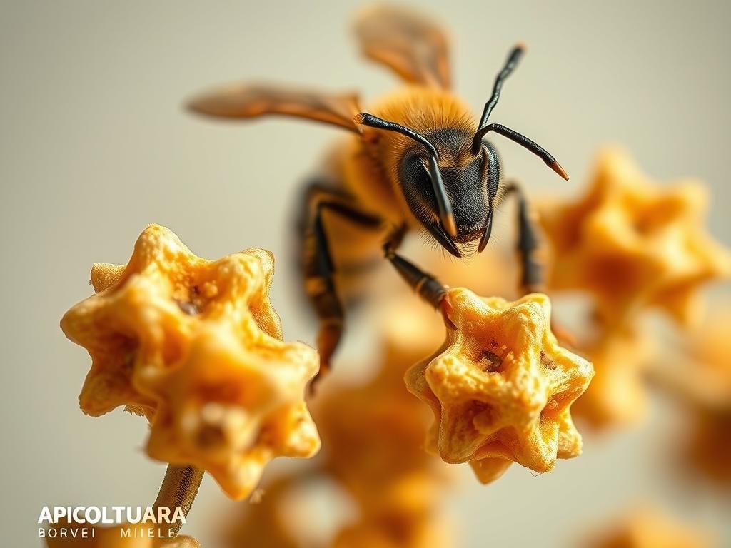 A detailed close-up view of the active components found in bee venom, including melittin, apamin, and phospholipase A2, portrayed against a neutral background. The image should convey a sense of scientific study and analysis, with a crisp, high-resolution rendering that highlights the molecular structures and textures of these key ingredients. Utilize natural lighting and a shallow depth of field to focus attention on the central elements. The overall mood should be one of clinical precision and visual intrigue, reflecting the importance of these compounds in the therapeutic properties of bee venom. Include the brand name "APICOLTURA BORVEI MIELE" discreetly within the composition.