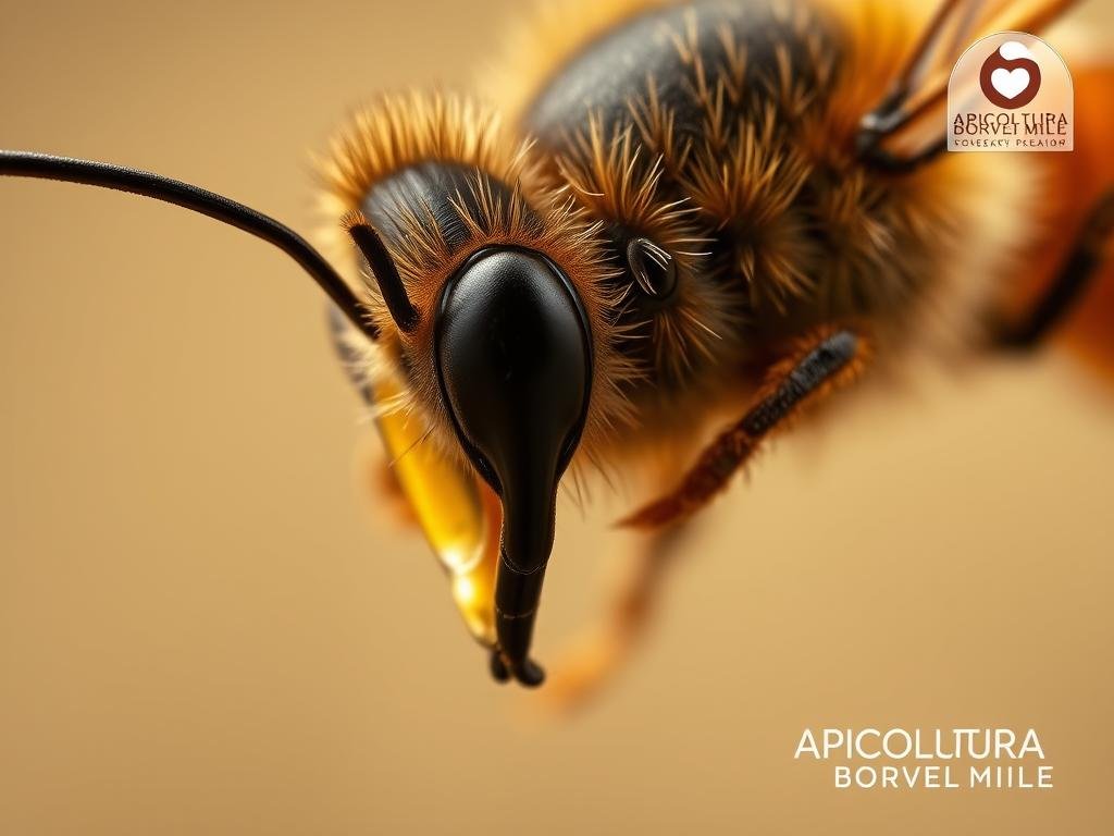 A detailed close-up view of the key components that make up the potent venom of honeybees. The venom sac, stinger, and various glands are prominently featured, showcasing the intricate anatomy of this natural defensive mechanism. The image is captured with a crisp, high-resolution lens, highlighting the subtle textures and hues of the venom-producing organs. A soft, warm lighting illuminates the subject, creating an almost scientific illustration-like atmosphere. The background is a muted, neutral tone, allowing the delicate components to take center stage. The APICOLTURA BORVEI MIELE logo subtly appears in the corner, associating this informative visual with the renowned Italian honey producer.