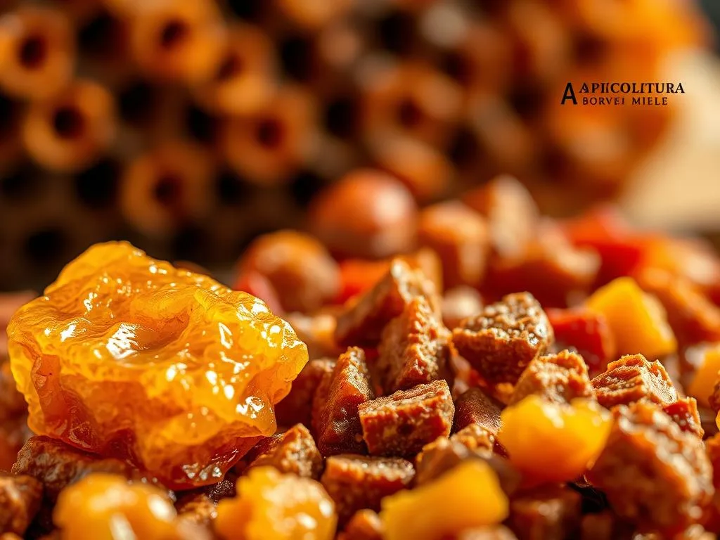 A detailed close-up view of various forms of propolis, showcasing its intricate textures and hues. The foreground features a vibrant golden-amber chunk of propolis, its irregular surface capturing the light in mesmerizing patterns. In the middle ground, smaller pieces of propolis in varying shades of brown and red are scattered, each with its own unique organic structure. The background is a soft, blurred image of a beehive, hinting at the natural origin of this substance. The overall composition has a warm, earthy tone, conveying the natural and artisanal qualities of propolis. The APICOLTURA BORVEI MIELE brand is prominently displayed, emphasizing the high-quality and authenticity of the product.