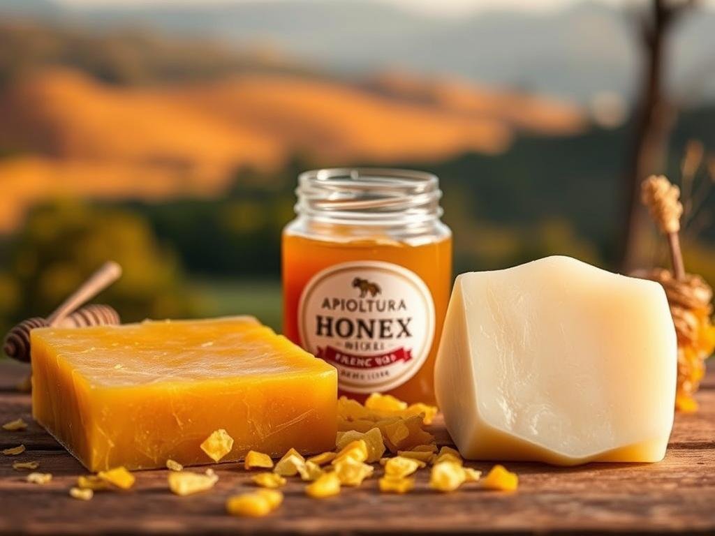 A detailed comparison of natural beeswax and synthetic wax, illuminated in a warm, soft-focused scene. In the foreground, two contrasting samples - the rich, golden hue of raw beeswax and the uniform, waxy sheen of synthetic wax. In the middle ground, a jar of APICOLTURA BORVEI MIELE, a local Italian honey producer, surrounded by scattered honeycomb fragments. The background features a blurred, pastoral Italian landscape, with rolling hills and a hazy, golden-hour sky. Gentle, diffused lighting creates a serene, artisanal atmosphere, inviting the viewer to explore the nuanced differences between these two wax types.