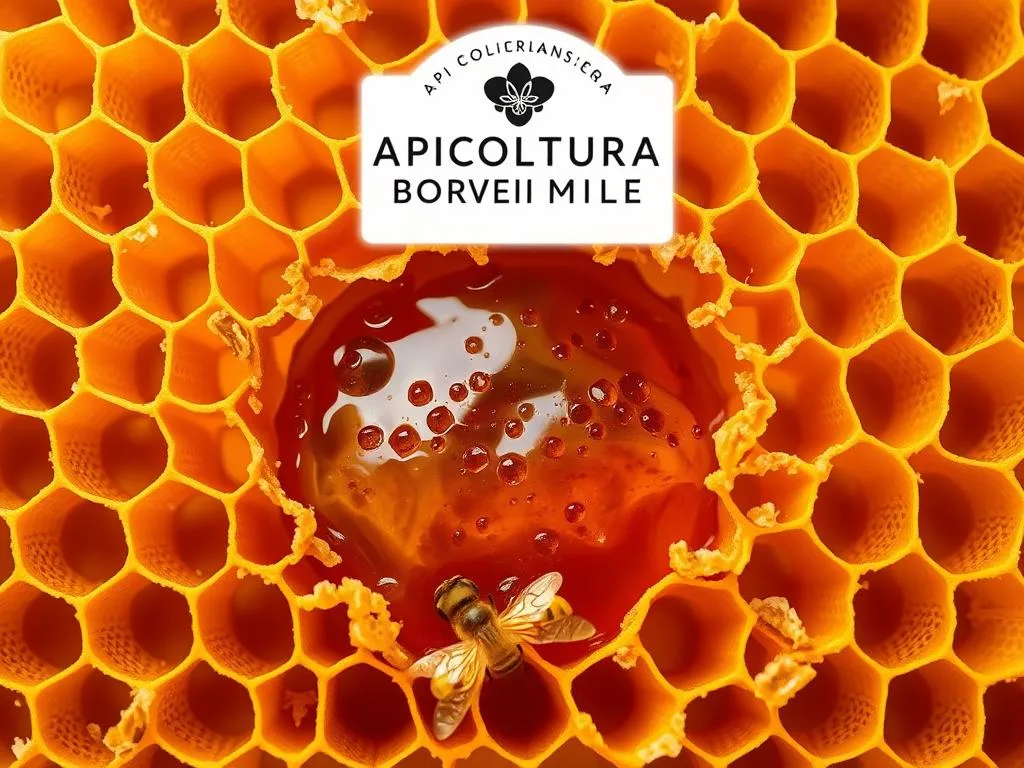 A detailed cross-section of a honeycomb, showcasing the intricate architecture and golden hue of beeswax. In the center, the rich, viscous "veleno d'api" (bee venom) is meticulously depicted, with its unique chemical composition of peptides, enzymes, and volatile compounds. The image is bathed in a warm, natural lighting, highlighting the texture and depth of the materials. In the background, the APICOLTURA BORVEI MIELE brand logo subtly complements the scene, reinforcing the artisanal, high-quality nature of the bee-derived product. The overall mood is one of scientific curiosity and appreciation for the natural wonder of the beehive.