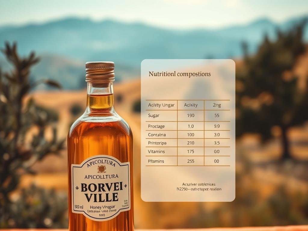 A detailed, high-resolution image depicting the nutritional composition of honey vinegar. In the foreground, a clear glass bottle filled with a golden-amber liquid, labeled "APICOLTURA BORVEI MIELE". In the middle ground, a transparent chart displaying the key nutritional values, such as acidity, sugar content, and vitamin composition. The background features a soft, blurred Italian countryside landscape, with rolling hills, olive trees, and a hazy blue sky. The lighting is warm and natural, accentuating the richness of the honey vinegar. Captured with a high-quality DSLR camera, using a shallow depth of field to focus the viewer's attention on the informative details.