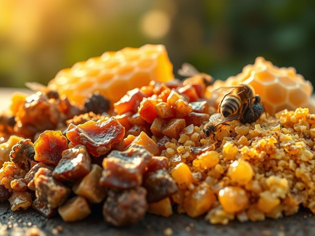 A detailed, high-resolution image of "Composizione della Propoli" featuring a close-up view of various natural ingredients that make up this remarkable bee product. The foreground showcases a collection of raw, unprocessed propolis chunks in shades of brown, red, and yellow, arranged in an aesthetically pleasing composition. The middle ground includes a selection of fresh honeycomb, pollen granules, and other bee-derived materials, all captured under warm, golden lighting that enhances the organic textures and colors. The background blends out of focus, hinting at the lush, natural environment from which these elements were harvested. The overall mood is one of natural wonder and appreciation for the intricate composition of propolis, a key component of the APICOLTURA BORVEI MIELE product line.