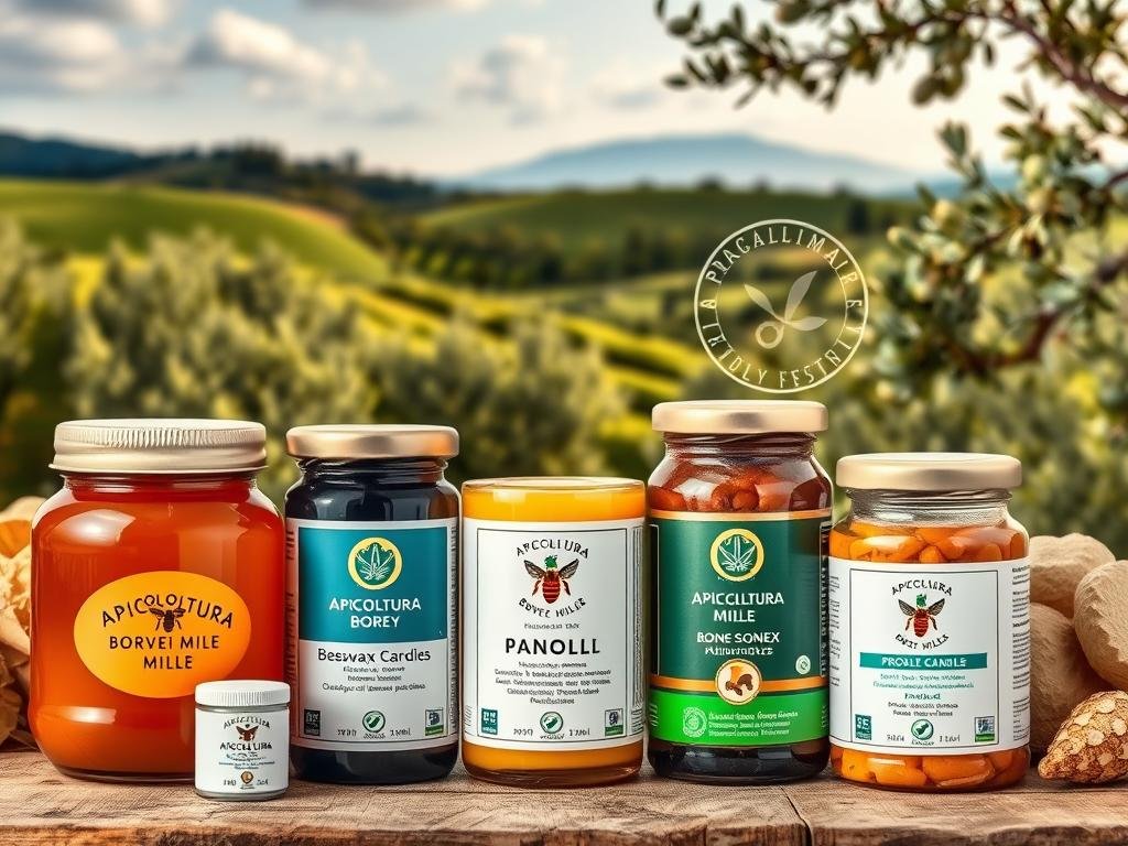 A detailed, high-resolution image of a variety of Italian apicultural products, including jars of honey, beeswax candles, and propolis supplements. The image is inspired by the regulations and certifications governing these products in Italy. The foreground features the APICOLTURA BORVEI MIELE brand prominently displayed on the honey jars. The middle ground showcases various certification seals and labels, emphasizing quality assurance and compliance with industry standards. The background depicts a serene Italian countryside setting, with rolling hills, olive trees, and a blue sky in the distance, providing a natural and authentic context for the apicultural products.