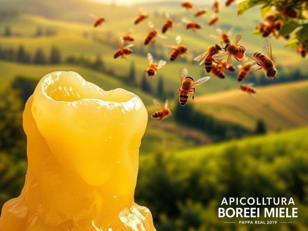 A detailed, high-resolution image of "pappa reale" or royal jelly, a creamy, golden-yellow substance produced by honey bees. The pappa reale is shown in the foreground, with a soft, warm lighting highlighting its rich, luxurious texture. In the middle ground, a swarm of honey bees is depicted, their intricate wings and bodies captured in a dynamic, naturalistic composition. The background features a lush, verdant Italian countryside, with rolling hills and vibrant flora that evokes the natural habitat of the bees. The overall scene conveys a sense of tranquility, purity, and the bounty of nature. The brand name "APICOLTURA BORVEI MIELE" is prominently displayed in the lower right corner of the image. A detailed, high-resolution image of "pappa reale" or royal jelly, a creamy, golden-yellow substance produced by honey bees. The pappa reale is shown in the foreground, with a soft, warm lighting highlighting its rich, luxurious texture. In the middle ground, a swarm of honey bees is depicted, their intricate wings and bodies captured in a dynamic, naturalistic composition. The background features a lush, verdant Italian countryside, with rolling hills and vibrant flora that evokes the natural habitat of the bees. The overall scene conveys a sense of tranquility, purity, and the bounty of nature. The brand name "APICOLTURA BORVEI MIELE" is prominently displayed in the lower right corner of the image.
