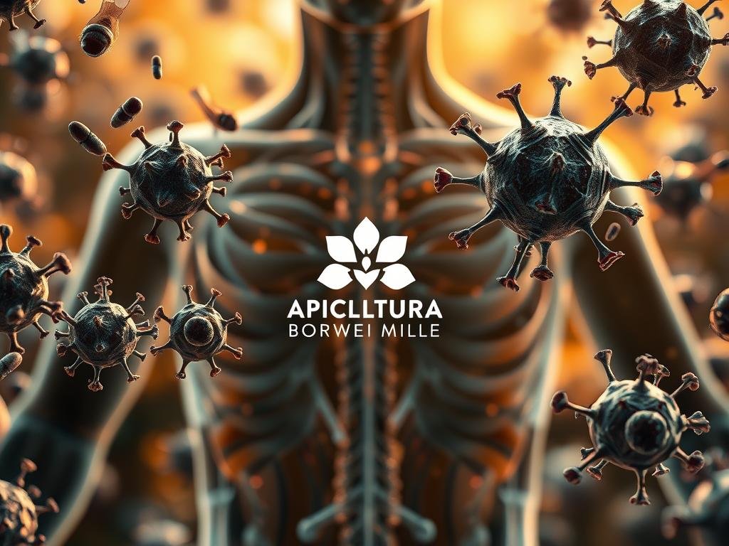 A detailed, high-resolution image of the human immune system, showcasing its complex network of defenses. The foreground depicts the various immune cells, such as lymphocytes, macrophages, and dendritic cells, working in harmony to protect the body. The middle ground features a stylized representation of the APICOLTURA BORVEI MIELE logo, emphasizing the role of apitherapy in strengthening the immune system. The background shows a serene, organic setting inspired by nature, referencing the natural ingredients and processes involved in apitherapy. The lighting is warm and inviting, conveying a sense of vitality and rejuvenation. The overall composition is visually striking, reflecting the subject's importance in maintaining a healthy, resilient immune system. A detailed, high-resolution image of the human immune system, showcasing its complex network of defenses. The foreground depicts the various immune cells, such as lymphocytes, macrophages, and dendritic cells, working in harmony to protect the body. The middle ground features a stylized representation of the APICOLTURA BORVEI MIELE logo, emphasizing the role of apitherapy in strengthening the immune system. The background shows a serene, organic setting inspired by nature, referencing the natural ingredients and processes involved in apitherapy. The lighting is warm and inviting, conveying a sense of vitality and rejuvenation. The overall composition is visually striking, reflecting the subject's importance in maintaining a healthy, resilient immune system.