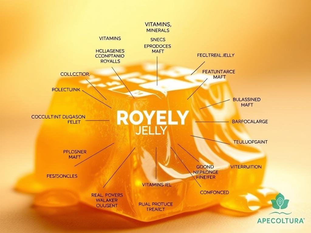 A detailed illustration of the rich, nutritional composition of Royal Jelly, a revered superfood produced by the Apicoltura brand. Set against a soft, warm-toned backdrop, the image showcases the key vitamins, minerals, and compounds that make this natural substance so renowned for its health benefits. Crisp, macro-level details reveal the intricate molecular structure and vibrant, golden hue of the regal jelly. Illuminated by subtle, directional lighting, the composition appears both scientific and visually captivating, mirroring the unique duality of this remarkable natural elixir.
