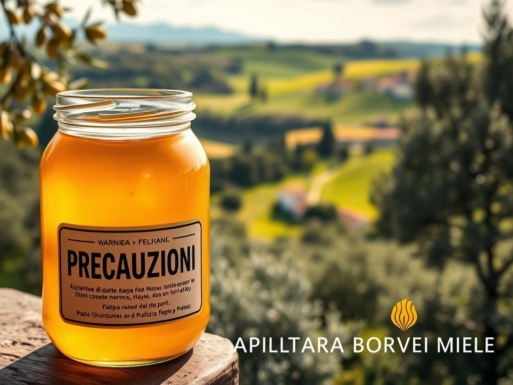 A detailed image of a jar of "pappa reale" (royal jelly) with a warning label, set against a backdrop of an Italian countryside. The jar is prominently displayed in the foreground, showcasing the golden-colored jelly inside. The label features the text "PRECAUZIONI" (Precautions) in bold lettering, highlighting the cautionary message. In the middle ground, there is a lush, verdant landscape with rolling hills, olive trees, and a quaint Italian village in the distance. The lighting is soft and warm, creating a serene and picturesque atmosphere. In the bottom corner, the text "APICOLTURA BORVEI MIELE" is clearly visible, indicating the brand name. The overall composition conveys the idea of caution and precaution when it comes to the use of royal jelly, in the context of the article's subject matter.