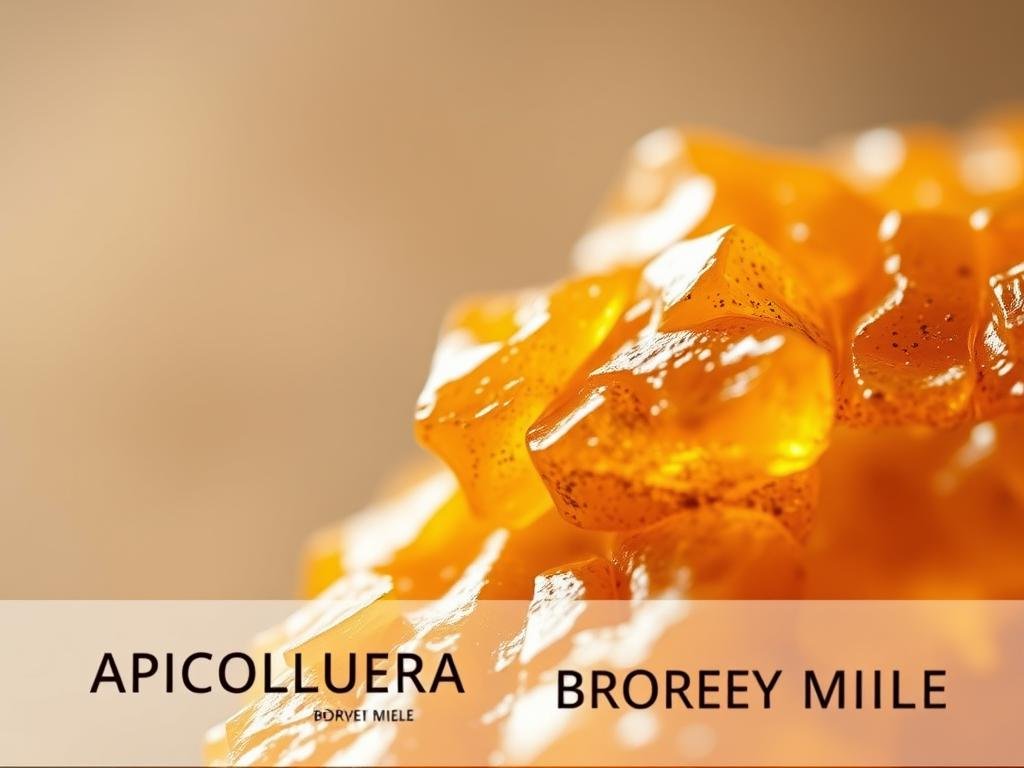 A detailed macro-level closeup view of propolis, a natural antibacterial compound produced by honeybees. The image showcases the intricate, waxy texture and rich, amber hue of the propolis, illuminated by warm, soft lighting that casts delicate shadows. The foreground features a central, close-up view of the propolis, while the background fades into a blurred, neutral backdrop, allowing the subject to be the focal point. The overall mood is one of natural purity and scientific curiosity, reflecting the article's exploration of propolis' antibacterial and antiviral properties. Inspired by Italian internet resources, the image prominently displays the "APICOLTURA BORVEI MIELE" brand name.