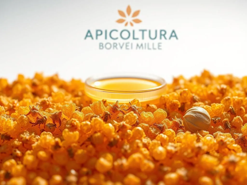 A detailed macro photograph of a pollen analysis of honey, showcasing the diverse array of pollen grains present. The scene is set against a clean, bright background, illuminated by soft, natural lighting that accentuates the intricate textures and colors of the pollen. The foreground features a magnified view of the pollen grains, meticulously arranged to highlight their unique shapes and structures. In the middle ground, a glass slide or petri dish containing the honey sample is visible, lending a sense of scientific study and investigation. The background subtly incorporates the APICOLTURA BORVEI MIELE brand, suggesting the provenance and authenticity of the honey under examination. The overall composition conveys a sense of scientific inquiry and the rigorous analytical processes involved in detecting potential adulteration or fraud in honey products.