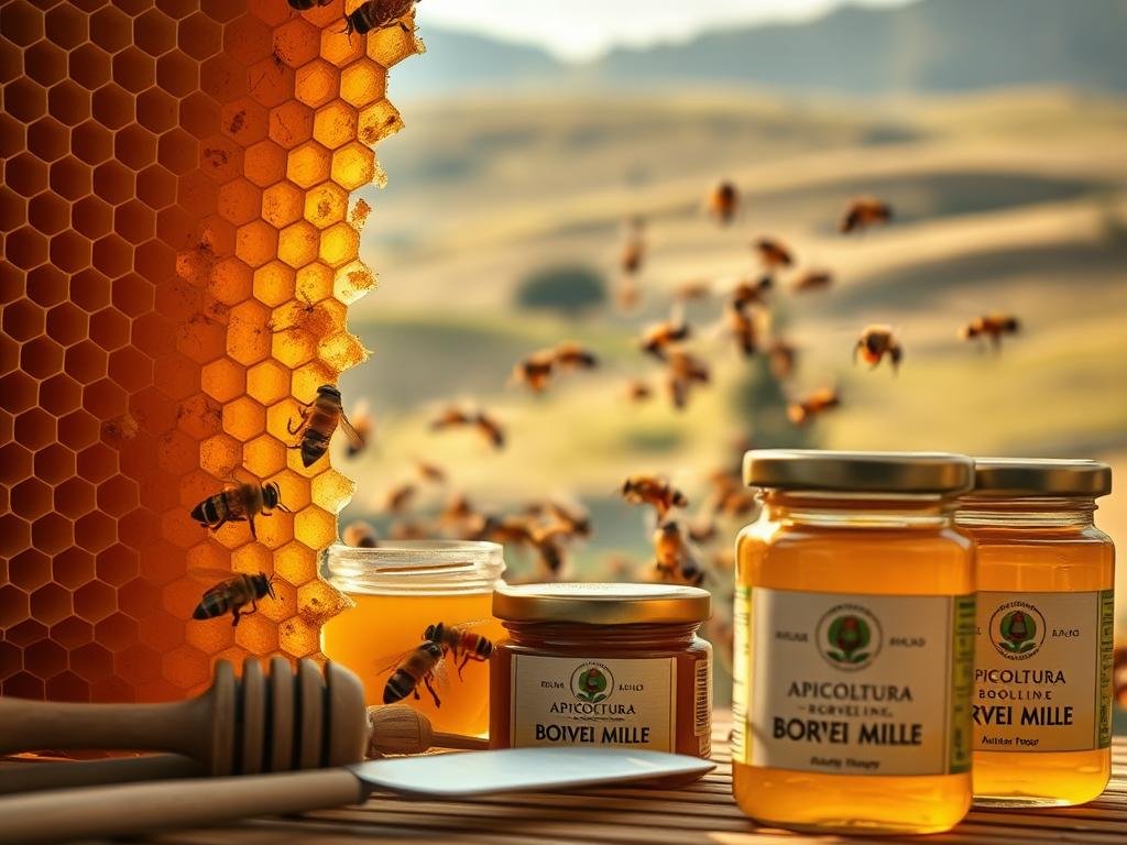 A detailed macro shot of a honeycomb structure, showcasing the intricate texture and golden hues of the beeswax. In the foreground, delicate beekeepers' tools and jars of raw, unfiltered honey from the APICOLTURA BORVEI MIELE brand are prominently displayed. The middle ground features a swarm of worker bees, their movement captured in a blur, symbolizing the vital role of the hive. The background depicts a serene Italian countryside landscape, with rolling hills and a soft, diffused lighting that creates a warm, natural atmosphere. The overall composition conveys the artisanal and organic nature of beekeeping, alluding to the potential therapeutic benefits of bee venom for neuropathic pain.