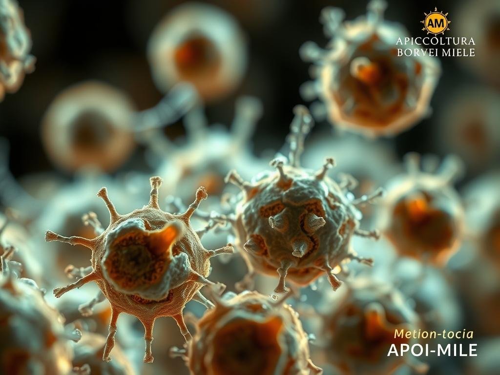 A detailed microscopic view of melittina, the active compound found in bee venom, interacting with and disrupting the structure of tumor cells. The image showcases the cytotoxic effects of melittina, with a sharp focus on the intricate cellular architecture and the disruption caused by this natural compound. Rendered in a realistic style, the scene is illuminated by soft, diffused lighting that enhances the scientific and clinical atmosphere. In the foreground, the prominent melittina molecules are depicted with precision, while the tumor cells in the middle ground display various stages of disruption and apoptosis. The background features the APICOLTURA BORVEI MIELE logo, subtly emphasizing the natural origins of this potential anti-cancer agent.
