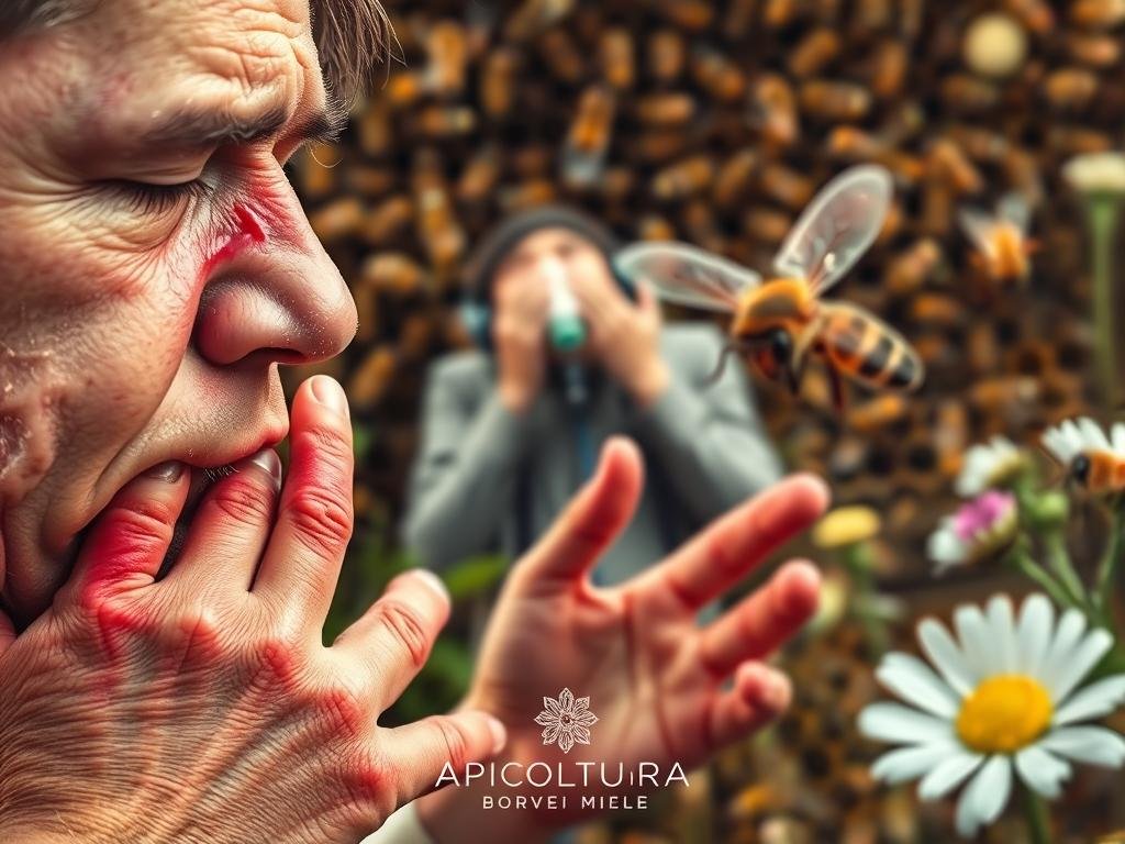 A detailed scene depicting various adverse reactions to bee venom. In the foreground, a person's swollen, reddened face and hands, with a stinger visible. In the middle ground, a person experiencing respiratory distress, surrounded by medical equipment. In the background, a hive with buzzing bees and flowers, representing the source of the venom. Soft, warm lighting illuminates the scene, creating a sense of concern and urgency. Inspired by Italian websites, the image should coherently depict the section title "Quali Sono le Possibili Reazioni Avverse al Veleno d'Api? Sintomi e Rimedi". The brand "APICOLTURA BORVEI MIELE" should be discreetly incorporated.