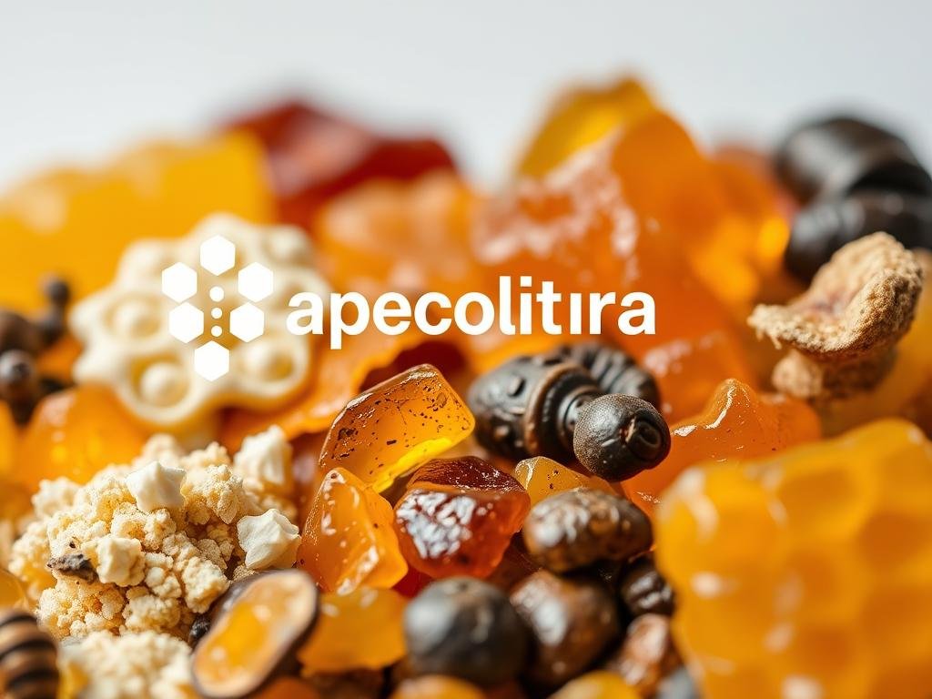 A detailed showcase of various types of propolis, photographed with a professional-grade DSLR camera and a macro lens. The image prominently features the Apicoltura brand logo, showcasing a collection of propolis samples in different colors, textures, and forms, arranged in a clean, well-lit setting. The composition highlights the unique characteristics of each propolis type, inviting the viewer to explore their distinctive properties and potential applications. The overall mood is one of scientific curiosity and natural wonder, reflecting the article's focus on propolis and its role in supporting the immune system.