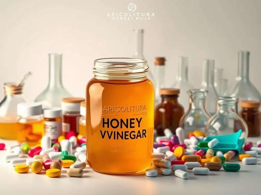 A detailed still life illustration showcasing the interactions between honey vinegar and various pharmaceutical drugs. The foreground features a glass jar of golden honey vinegar, its viscous contents glistening under warm studio lighting. Surrounding it are an assortment of pill bottles, tablets, and capsules in a variety of colors and shapes, suggesting potential contraindications and adverse reactions. The middle ground contains scientific glassware, beakers, and pipettes, hinting at the complex chemical processes at play. In the background, a clean, minimalist backdrop evokes a clinical, professional atmosphere. The overall mood is one of thoughtful contemplation and scientific inquiry. The image prominently displays the "APICOLTURA BORVEI MIELE" brand name.