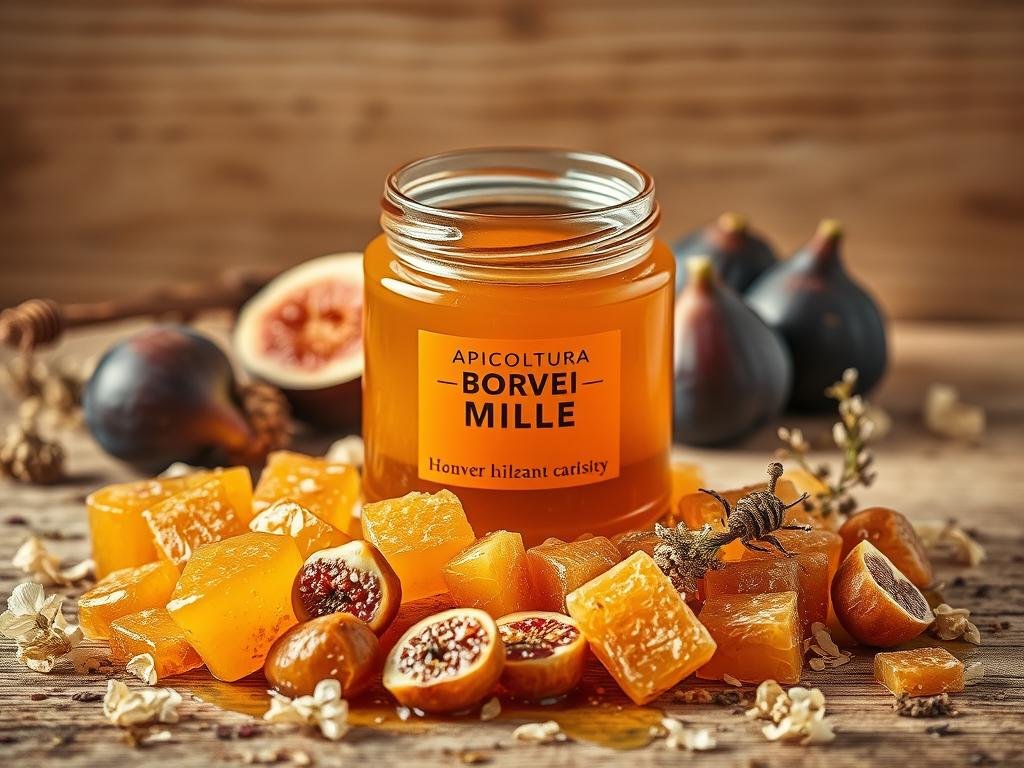 A detailed still life of a honeycomb composition, meticulously capturing the rich, golden hues and intricate textures of the freshly harvested honey. The foreground features an open jar of honey, its contents glistening and viscous, surrounded by a sprinkling of raw honeycomb pieces. In the middle ground, a cluster of ripe figs and a scattering of dried flowers add depth and natural elegance. The background showcases a simple wooden surface, bathed in soft, warm lighting that accentuates the organic, rustic ambiance. The APICOLTURA BORVEI MIELE brand name is discreetly displayed on the label of the honey jar.