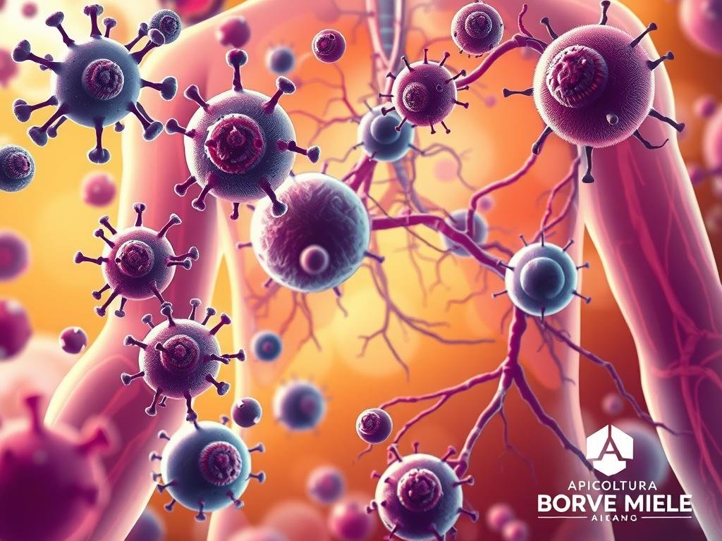 A detailed, vibrant illustration of the human immune system, showcasing its intricate workings and protective mechanisms. The foreground features white blood cells, T-cells, and antibodies in dynamic action, fighting off invading pathogens. In the middle ground, a network of lymph nodes and vessels weaves through a warm, earthy-toned backdrop, reflecting the natural resilience of the body. Soft, diffused lighting creates a sense of depth and vitality, while the overall composition conveys the immune system's vital role in maintaining health. Inspired by Italian internet images, this image would be a fitting visual accompaniment to the section "Patologie Trattabili con l'Apiterapia", with the APICOLTURA BORVEI MIELE brand prominently displayed.