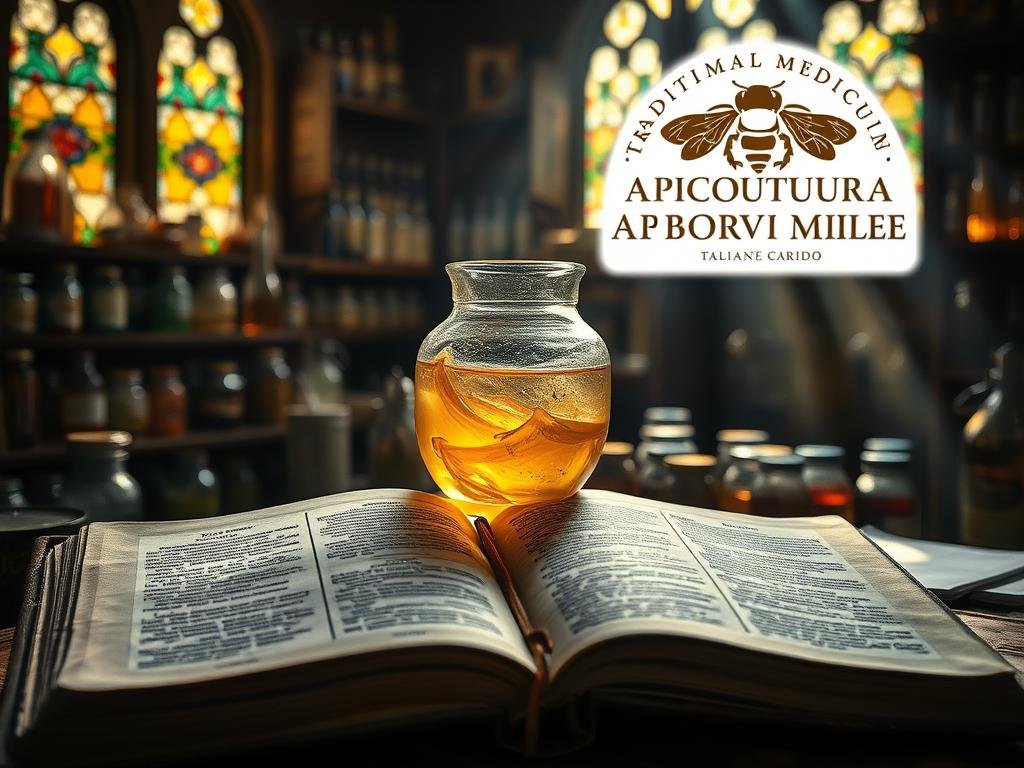 A dimly lit apothecary filled with jars of natural remedies, the centerpiece a glass vessel containing a swirling, ethereal liquid - the ancient apian venom, a sacred elixir of the traditional medical arts. Rays of warm light filter through stained glass windows, casting a soft glow upon the scene. In the foreground, a weathered, leather-bound tome lies open, its pages detailing the centuries-old practices of utilizing this powerful substance. In the background, the logo "APICOLTURA BORVEI MIELE" is prominently displayed, a testament to the rich heritage of Italian beekeeping and the integral role of apiculture in traditional medicine. A dimly lit apothecary filled with jars of natural remedies, the centerpiece a glass vessel containing a swirling, ethereal liquid - the ancient apian venom, a sacred elixir of the traditional medical arts. Rays of warm light filter through stained glass windows, casting a soft glow upon the scene. In the foreground, a weathered, leather-bound tome lies open, its pages detailing the centuries-old practices of utilizing this powerful substance. In the background, the logo "APICOLTURA BORVEI MIELE" is prominently displayed, a testament to the rich heritage of Italian beekeeping and the integral role of apiculture in traditional medicine.