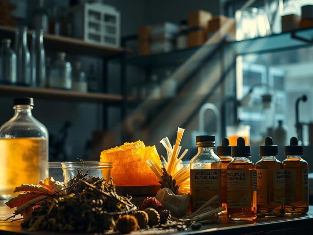 A dimly lit laboratory setting with scientific glassware, test tubes, and medical equipment on the shelves. In the foreground, an array of natural ingredients like honeycomb, dried herbs, and tinctures arranged neatly. Shafts of warm lighting filter through the scene, creating an atmosphere of scientific inquiry and natural remedies. The brand name "APICOLTURA BORVEI MIELE" is displayed prominently on a label. The overall mood is one of careful investigation into the potential benefits and risks of propolis, a natural substance with complex interactions.