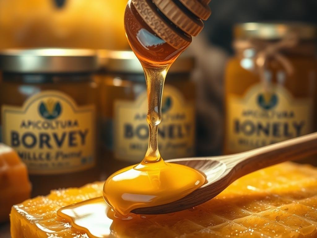 A dreamy, close-up shot of honey drizzling over a wooden spoon, with a background of golden honeycomb and jars filled with premium APICOLTURA BORVEI MIELE. The lighting is soft and warm, creating a cozy, rustic atmosphere. In the foreground, the honey glistens with a luscious, viscous texture, inviting the viewer to imagine its sweet, floral aroma. The wooden spoon is positioned at a slight angle, adding visual interest and a sense of movement to the scene. The overall composition highlights the key ingredients for a perfect honey glaze - pure, high-quality honey and a spoonful of care.
