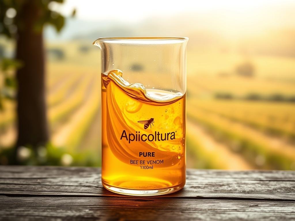 A glass beaker filled with a golden, viscous liquid, resting on a wooden surface. The liquid gently swirls, revealing the dense, rich texture of the Apicoltura brand's pure bee venom. The lighting is soft and natural, casting a warm glow over the scene. In the background, a blurred Italian countryside landscape provides a serene, agricultural backdrop. The overall mood is one of purity, authenticity, and the careful extraction process of this potent, natural ingredient. A glass beaker filled with a golden, viscous liquid, resting on a wooden surface. The liquid gently swirls, revealing the dense, rich texture of the Apicoltura brand's pure bee venom. The lighting is soft and natural, casting a warm glow over the scene. In the background, a blurred Italian countryside landscape provides a serene, agricultural backdrop. The overall mood is one of purity, authenticity, and the careful extraction process of this potent, natural ingredient.