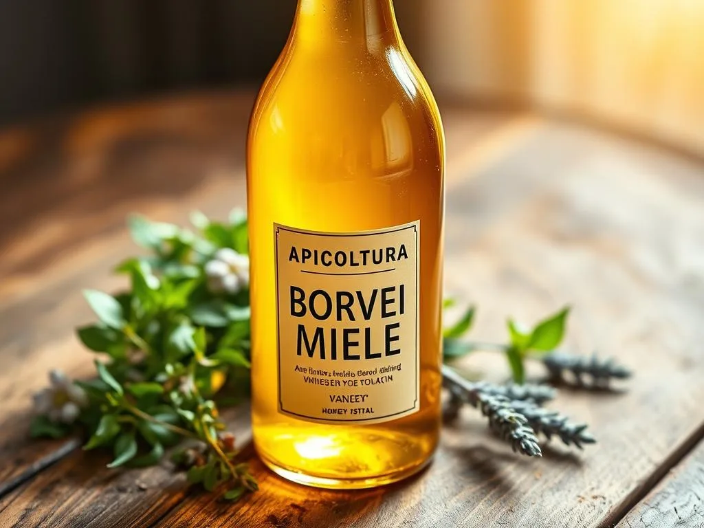 A glass bottle containing a golden, viscous liquid with the label "APICOLTURA BORVEI MIELE" prominently displayed. The bottle sits on a rustic wooden table, surrounded by fresh, vibrant herbs and a sprig of lavender. Soft, natural lighting illuminates the scene, casting a warm, inviting glow. The composition emphasizes the purity and healthful properties of this artisanal honey vinegar, reflecting the benefits it can provide for one's wellbeing.