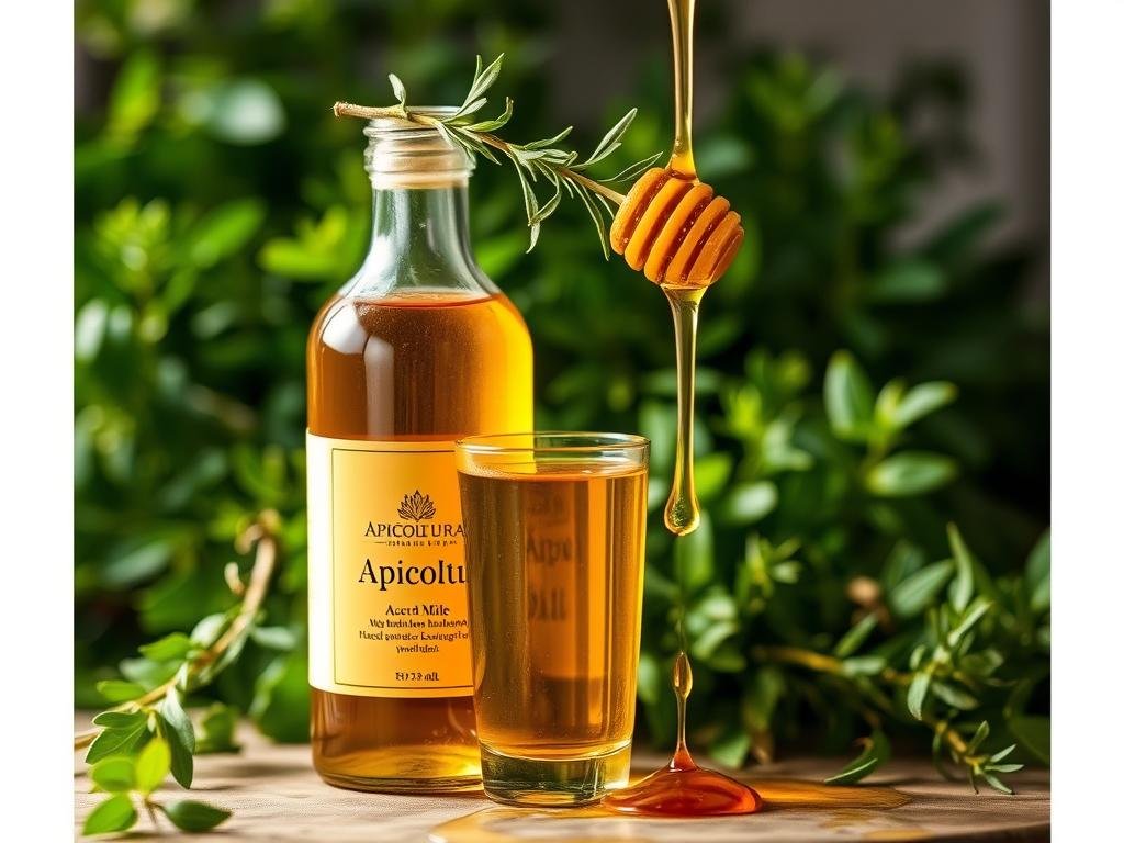 A glass bottle filled with golden amber liquid, the label displaying the brand name "Apicoltura". The bottle is set against a backdrop of lush, green plants, with a sprig of fresh herbs and a drizzle of honey cascading over the glass. The lighting is soft and warm, accentuating the natural beauty of the ingredients. The composition captures the essence of the "Aceto di Miele" - a harmonious blend of the sweetness of honey and the tartness of vinegar, creating a unique and flavorful elixir.