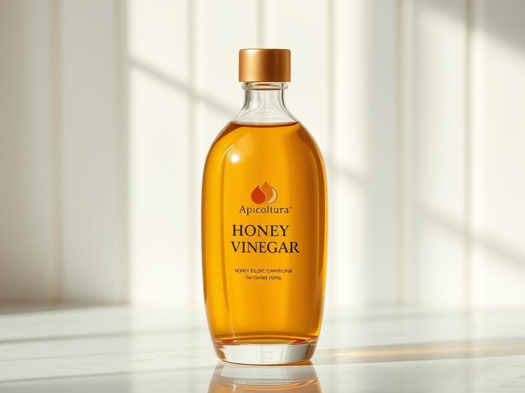 A glass bottle filled with golden honey-colored liquid, reflecting the natural beauty of "Apicoltura" honey vinegar. Soft, diffused lighting illuminates the bottle, highlighting its elegant shape and the rich, amber hue of the liquid within. The background features clean, minimalist lines, creating a serene, spa-like atmosphere that complements the soothing, nourishing nature of the honey vinegar. The composition conveys the versatility and purity of this natural skincare ingredient, inviting the viewer to discover its numerous applications for personal care and beauty.