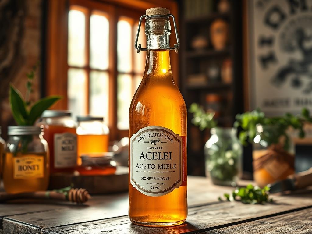 A glass bottle filled with rich, golden-hued "aceto miele" (honey vinegar) stands amidst a rustic Italian setting. Sunlight filters through a window, casting a warm glow on the bottle's label displaying the "APICOLTURA BORVEI MIELE" brand name. In the background, a wooden table is adorned with honey jars, a jar of fresh herbs, and a vintage-inspired decor that evokes the artisanal, time-honored tradition of this unique vinegar. The scene conveys the sophistication and versatility of this prized condiment, ready to be drizzled over salads, meats, or used in marinades, reflecting the essence of the "Aceto di Miele: Un Condimento Pregiato e Versatile" section.