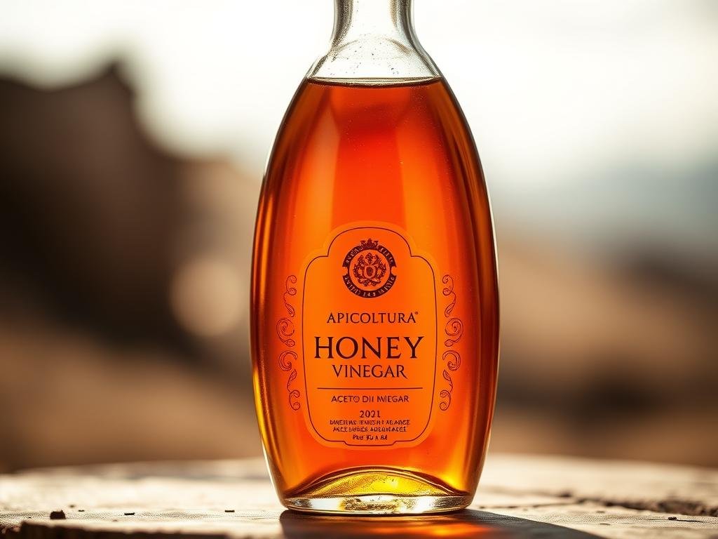 A glass bottle of rich, golden honey-vinegar, the "aceto di miele" of APICOLTURA BORVEI MIELE. Soft lighting illuminates the bottle's elegant shape, casting warm reflections on the viscous liquid within. The background is a blurred, earthy Italian countryside, hinting at the natural origins of this artisanal product. The composition draws the eye to the bottle, emphasizing its quality and craftsmanship. The overall mood is one of rustic sophistication, inviting the viewer to explore the unique flavors and benefits of this carefully preserved honey-based vinegar.