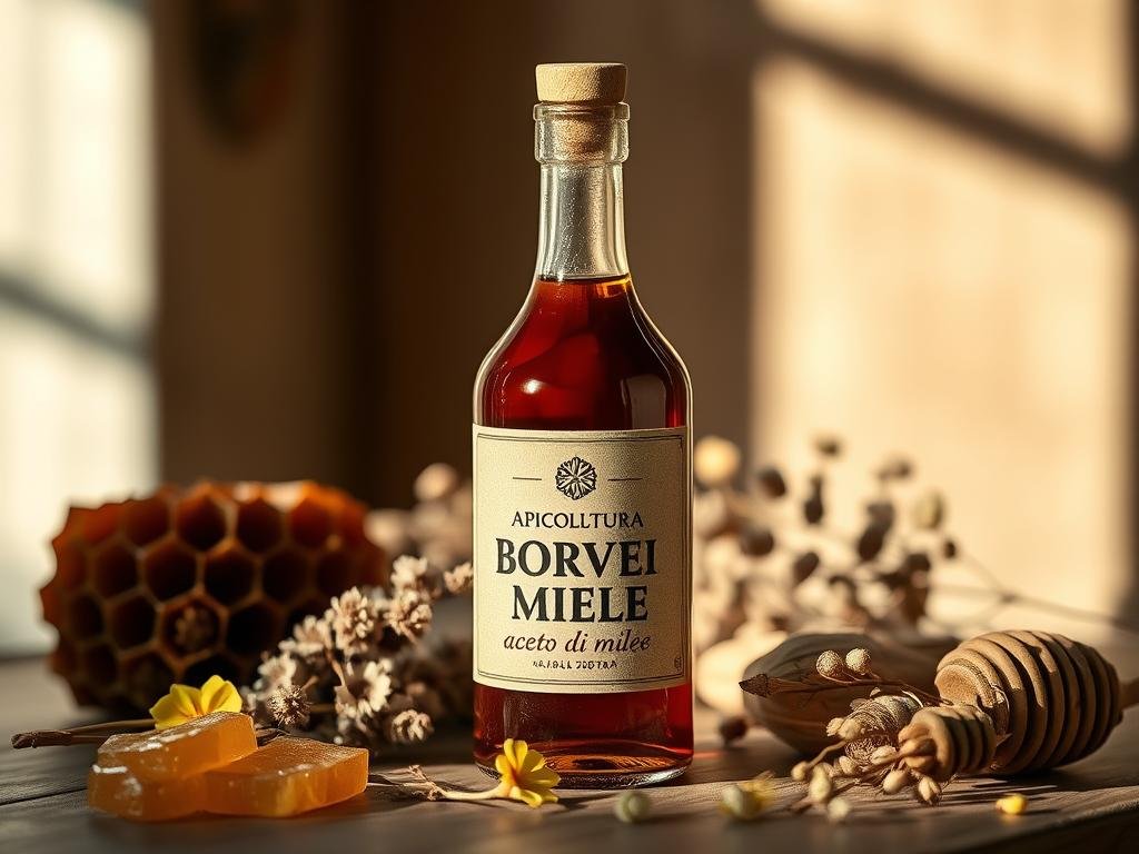 A glass bottle with a rustic, artisanal label displaying the brand name "APICOLTURA BORVEI MIELE" sits on a wooden surface, surrounded by a carefully arranged still life of natural elements. The bottle contains a rich, amber-colored liquid - the high-quality "aceto di miele" featured in the article. Soft, directional lighting illuminates the scene, highlighting the bottle's elegant shape and the delicate textures of the accompanying items, which may include honeycomb, dried flowers, and other organic materials evocative of the product's origins. The composition and styling convey a sense of premium quality, traditional craftsmanship, and the essence of Italian artisanal food production.