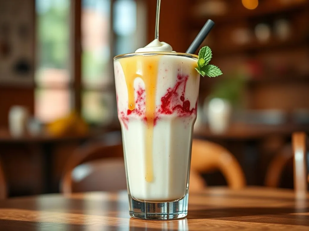 A glass filled with a luscious, creamy frullato (smoothie) made with fresh fruit, the sweet APICOLTURA BORVEI MIELE, and a touch of vanilla. The drink is garnished with a drizzle of honey and a sprig of mint, creating a vibrant and appetizing display. Captured in warm, natural lighting with a shallow depth of field, the image evokes the serene atmosphere of an Italian café. The frullato is the focal point, positioned center frame, while the background features a blurred, cozy interior with wooden accents, hinting at the homemade, artisanal nature of the beverage.